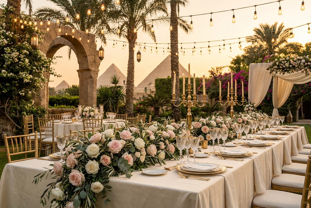 Luxury Egyptian wedding reception with the Pyramids of Giza at golden hour